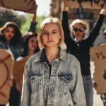 Climate strike. Young woman in casual wear protesting with group of activists outdoors on road