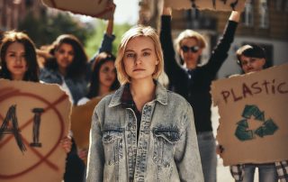 Climate strike. Young woman in casual wear protesting with group of activists outdoors on road